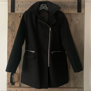 Women’s S ATTENTION Black Wool-Look Polyester/Rayon/Spand Zip Up Hooded Car Coat